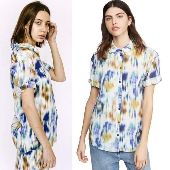 BAUM UND PFERDGARTEN Silk Blend Abstract Print Cuff Short Sleeve Button Up Top 2 - Picture 5 of 13